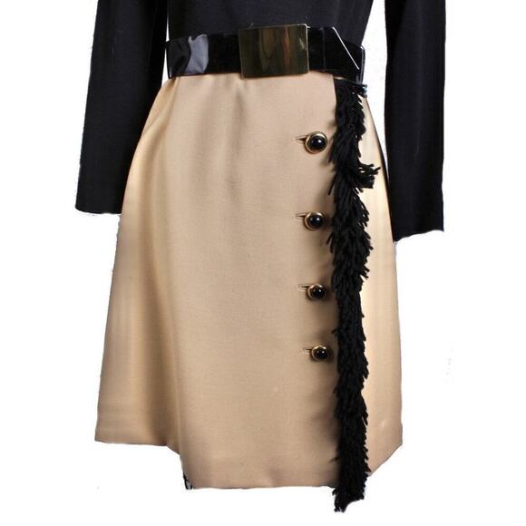 Retro Pat Sandler Wool Knit Dress Color Block Black/Tan Fringe 69's-70s Size M - Picture 2 of 7